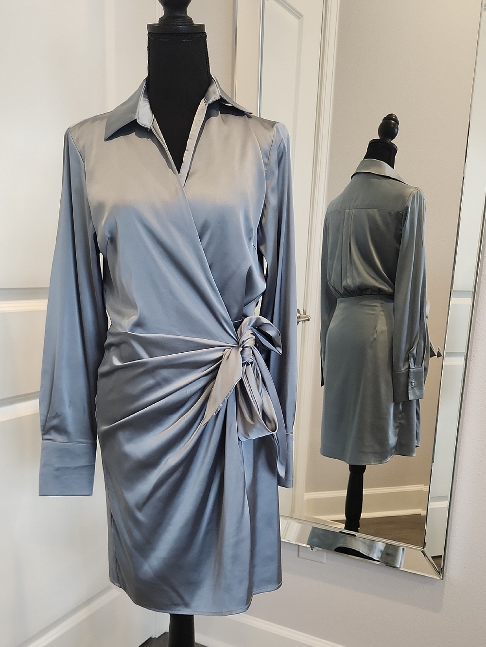 Women’s Satin Wrap Tie Long-Sleeve Dress - Steel Gray